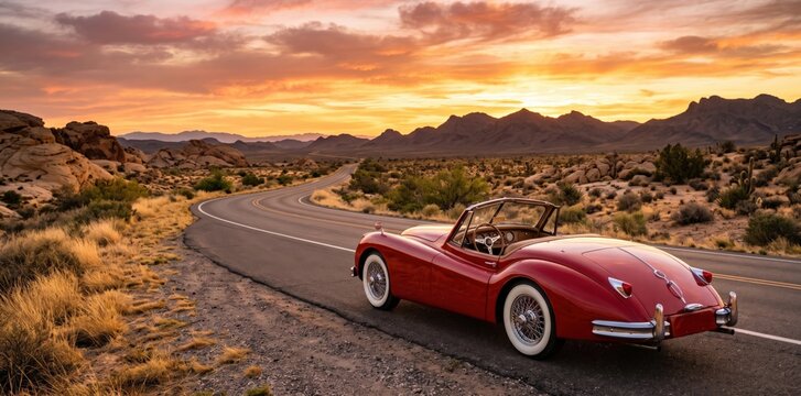 A vintage red convertible sports car parked on a winding asphalt road in a desert landscape at sunset, with distant mountains silhouetted against a vibrant orange and yellow sky