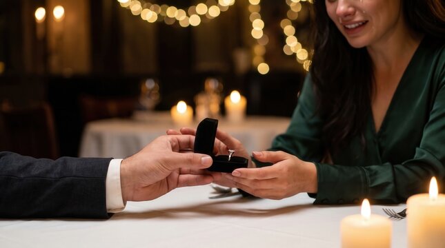 Man proposing to woman with diamond ring in jewelry box during romantic candlelit dinner, capturing emotional engagement and marriage commitment for jewelry marketing and wedding announcement design.