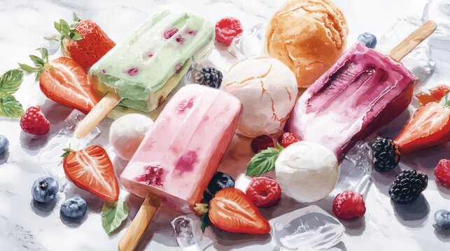 Watercolor dessert artwork with fruity popsicles, creamy scoops, and berry toppings, light airy background for summer atmosphere