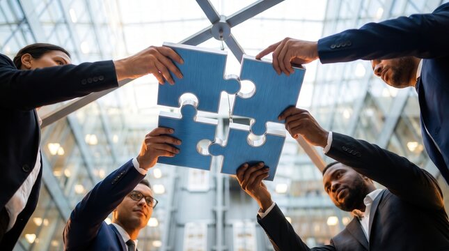 Diverse business team connecting large puzzle pieces in a modern office atrium, symbolizing corporate synergy and strategic collaboration for human resources marketing and leadership.