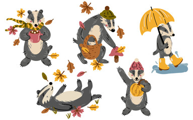 Fototapeta premium Cute vector autumn badgers set with pumpkin, umbrella, hot cocoa, and mushrooms Hand-drawn woodland animals collection for Thanksgiving greeting cards, stickers, apparel prints, and autumn design.