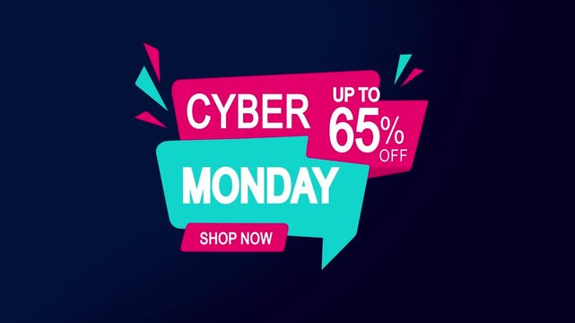 Cyber monday sale motion up to 65% off promotional banner for e-commerce marketing and retail advertising