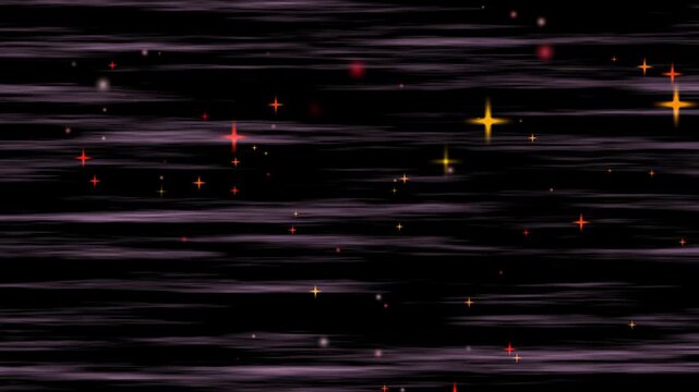 Futuristic abstract space flight loop with glowing golden stars, purple cosmic clouds, and night sky travel background in 4K resolution.