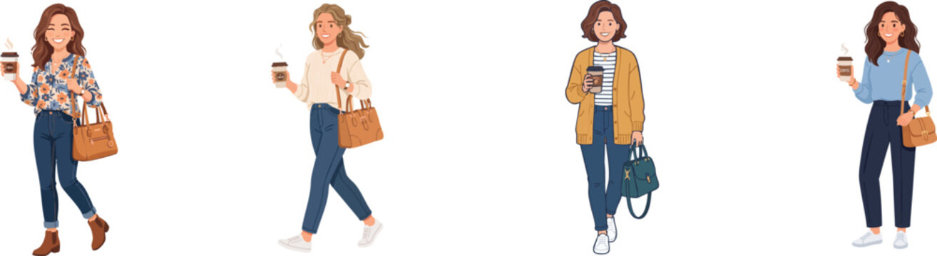 Smiling woman with coffee and a handbag, vector isolated on white