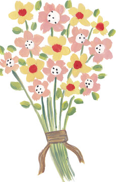 Bouquet of Flowers with Ribbon Hand-Painted Illustration