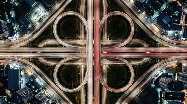 Aerial night view of a cloverleaf highway interchange with illuminated traffic light trails, showing multi-level road junctions and surrounding urban buildings in a city setting