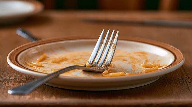 Used metal fork resting on an empty dirty plate on a rustic wooden table with finished meal after dinner dirty dishes food remnants dining table plate cutlery dining service worn table