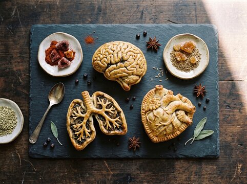 Artisanal Anatomical Savory Pies: Miniature Detailed Lungs, Brain, and Heart