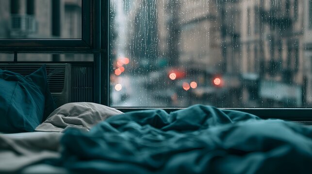 Cozy bedroom interior with view of rainy city streets through window rainy day rainy weather urban scenery city lights stormy weather home comfort window pane blurred background dim lighting