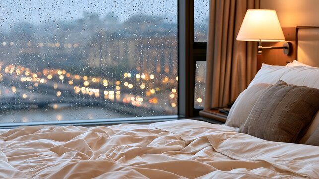 Hotel room bed with lamp near window during heavy rain at night rainy window city lights cozy bedroom rainy weather bedside lamp luxury hotel bedroom interior design wet glass