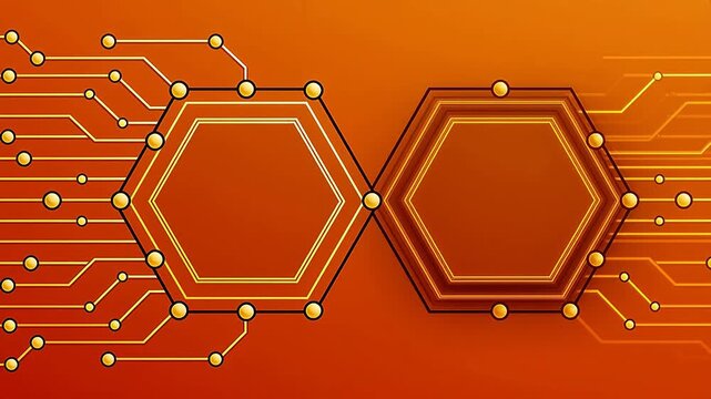 Abstract golden circuit board with hexagonal nodes and orange gradient background