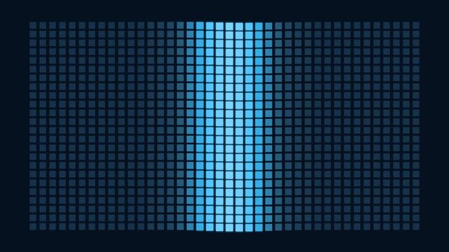 Glowing blue light pulses move across a matrix grid array of square pixels to represent data transfer speed network connectivity signals and electronic communication pathways in a dark digital
