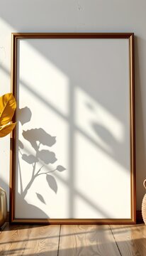 An empty picture frame leaning against a wall, which is placed in front of a window with sunlight streaming in