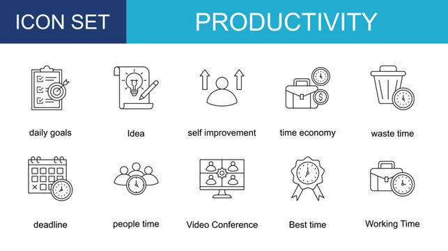 productivity icon collection set. with daily goals,Idea,self improvement,time economy,waste time,deadline,people time