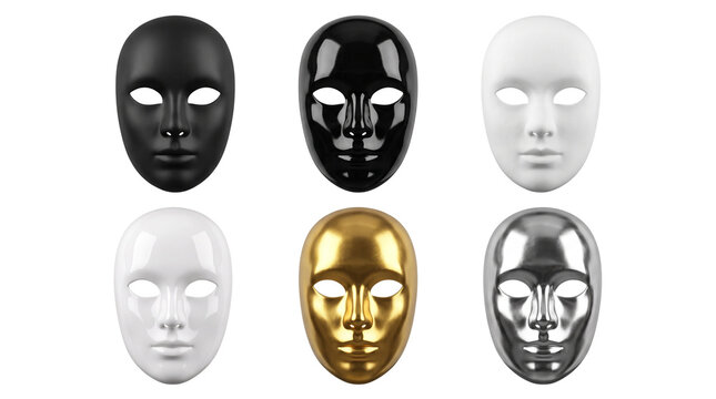 Metallic and plastic theatrical masks set, collection of 6 human face masks in gold silver black and white, glossy masquerade face covers on white background