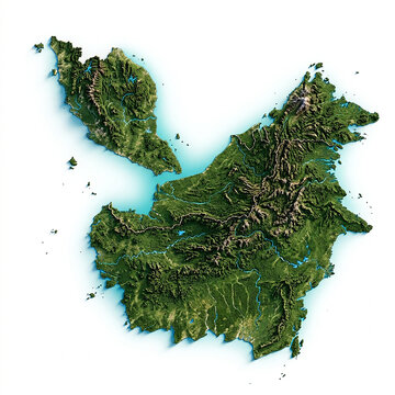 Topographic satellite view of the island of borneo featuring lush green rainforest terrain and mountainous landscape