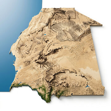 Topographic 3d relief map of the country of senegal showing terrain and physical geography features