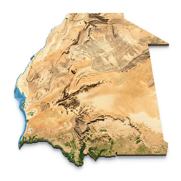 Topographic 3d relief map of senegal showing terrain elevation and geographical features on a white background