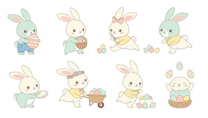 Fototapeta premium Collection of cute cartoon Easter bunnies painting eggs, carrying baskets, and celebrating the spring festival.