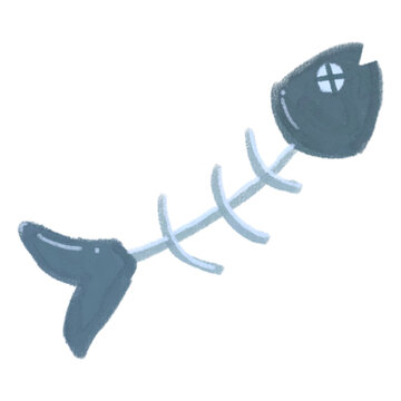 Cute Cartoon Fish Bone Skeleton Hand Drawn Blue Fishbone Vector