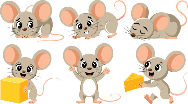 Cute grey cartoon mouse character set showing different emotions activities sleeping eating yellow cheese vector illustration