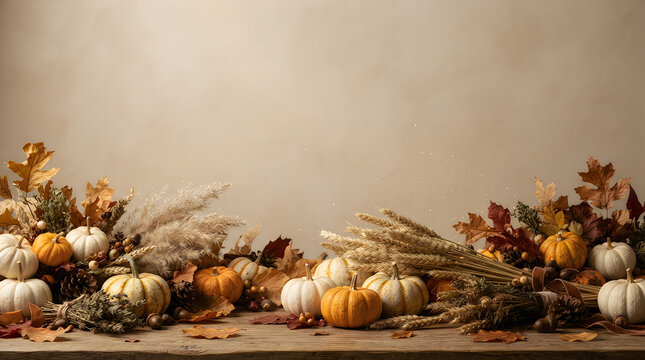 Autumn Still Life with Pumpkins and Seasonal Decorations, Warm Orange Fall Background with Natural Branches, Golden Ornaments and Cozy Thanksgiving Holiday Decor