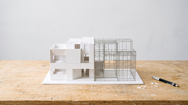 White Architectural Model on Wooden Table &mdash; Design Planning Workspace Concept