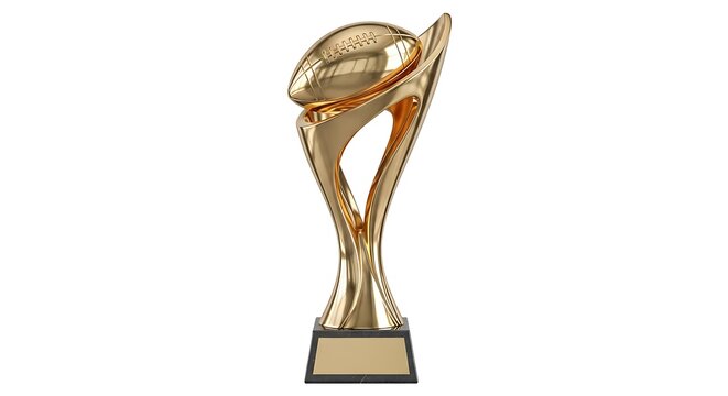 Golden Rugby Trophy Cup Award with Ball on Pedestal Isolated on White Background
