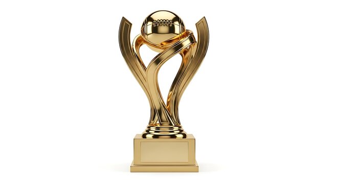 Shiny Golden Trophy Cup With Abstract Curved Design and Spherical Top Isolated on a Pure White Background for Award Ceremony