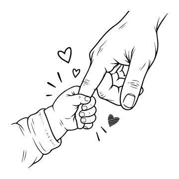 Holding Hands Baby Finger and Adult Hand Line Art Vector Illustration