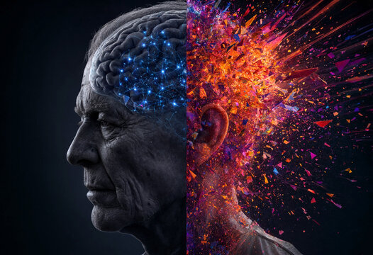 Elderly person silhouette with brain activity and energy explosion illustration