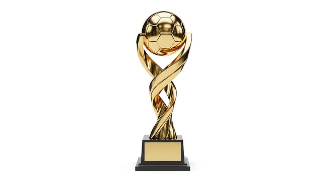 Shiny golden soccer trophy cup featuring a football on a black pedestal for sports championship winners isolated on a white background