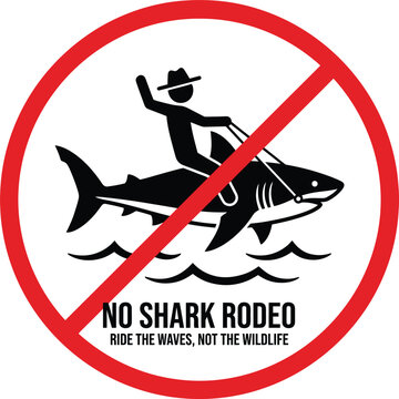Funny No Riding Sharks Beach Vacation Warning Sign Flat Vector Illustration