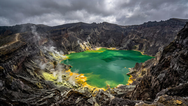 Active volcano embracing an emerald caldera lake