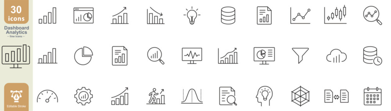 Dashboard analytics line icon set with editable stroke symbols for charts, reports, metrics, trends, data, and insights  Vector illustration