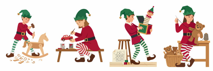 Obraz premium Flat vector illustration set of Christmas elves working in Santa's workshop making toys like rocking horse, car, and teddy bear