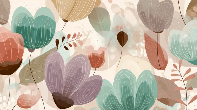 Repeating vector background with simple abstract flowers, airy composition, harmonious arrangement of petals and leaves in muted tones