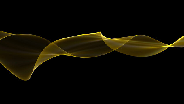 黒背景に流れる繊細なゴールドの3D抽象ウェーブライン素材