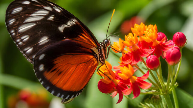 Close-up of a vibrant Heliconius butterfly perched on a cluster of brilliant orange and red tropical flowers in a lush garden