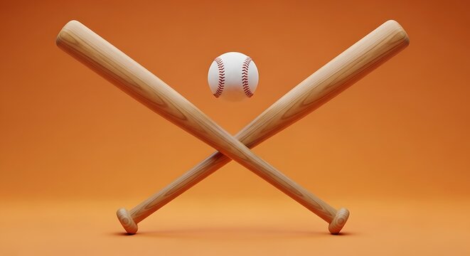 Minimalist 3D rendering of crossed wooden baseball bats and a ball on a bright orange background