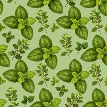 Lush Green Herb Pattern: Textured Basil & Oregano illustration, earthy tones.
