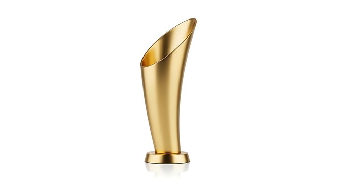 A single golden trophy with a curved top, standing on a pedestal against a white background, symbolizing achievement and victory