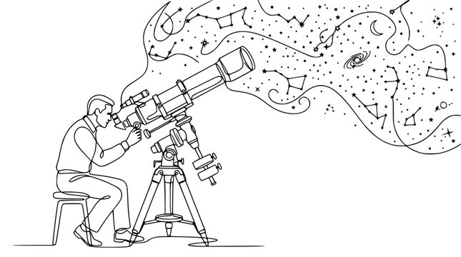 Man with telescope observes galaxy, stars and constellations, creative drawing
