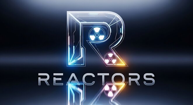 Glowing 3D 'R' logo with radioactive symbols, dramatic blue and orange lighting, sleek metallic texture, dark reflective backdrop.