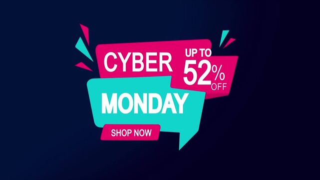 Cyber monday sale motion with 52% off discount dynamic promotional banner for e-commerce marketing and retail advertising