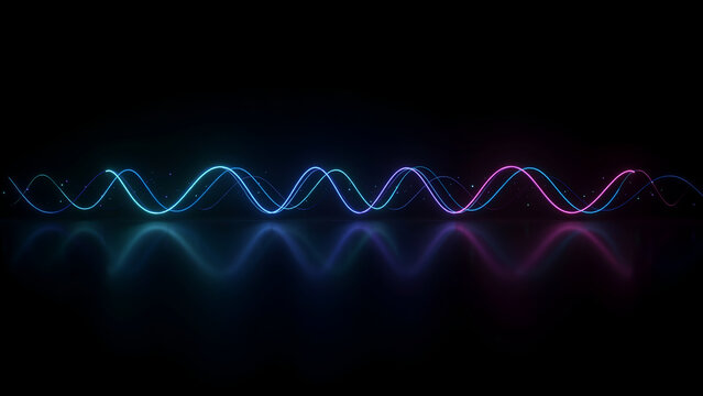 Abstract neon glowing sine waves with light trails and reflections on a dark background
