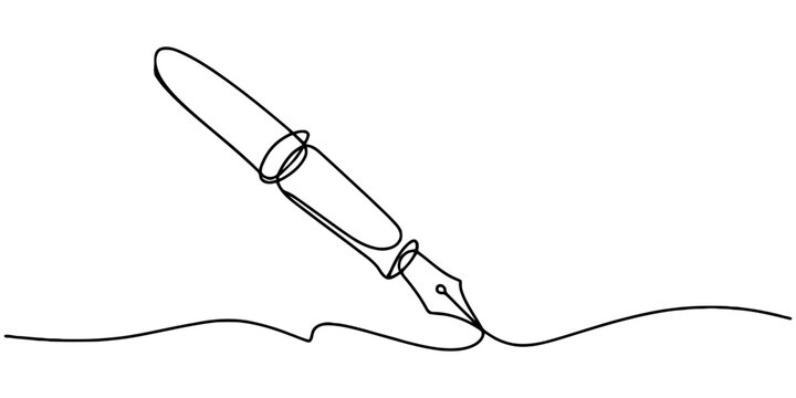 Continuous line drawing of a fountain pen writing on paper with white background in simple style, Continuous one line of fountain pen in silhouette on a white, Pen Signature Continuous Line Icon