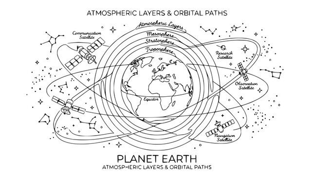 Earth Atmospheric Layers & Satellite Orbital Paths Diagram