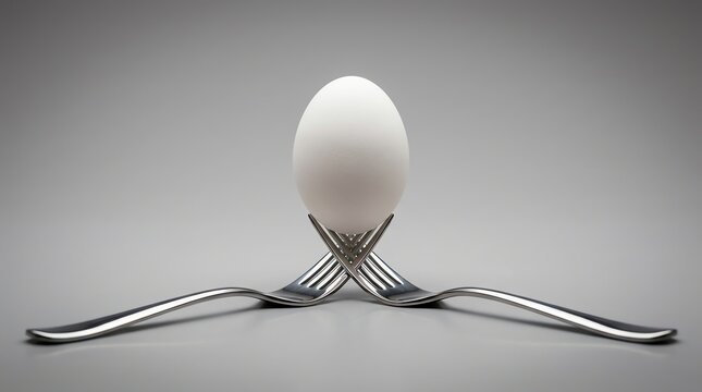 A pristine white egg precariously balanced atop two crossed forks against a neutral gray backdrop, creating a visually intriguing still life composition