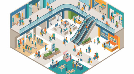 Fototapeta premium Busy Modern Shopping Mall Interior Isometric View.